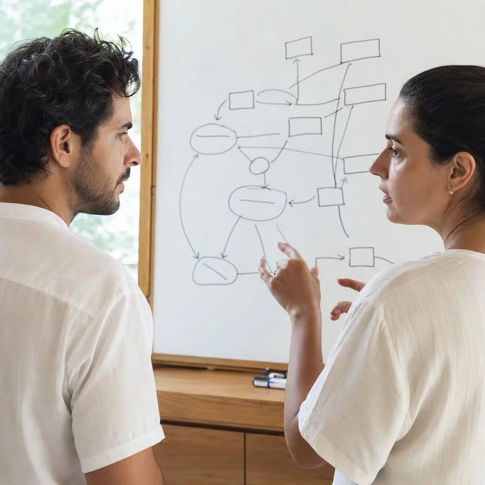 Duas participantes de pé junto ao quadro branco, desenhando as partes de um argumento