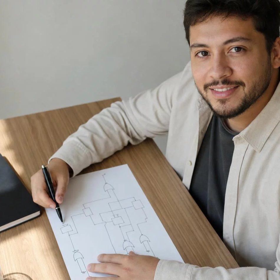 Duas pessoas relendo num tablet as notas da rodada anterior, apoiadas na mesa de madeira